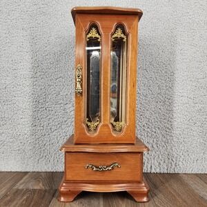 Vintage London Leather Wood Jewelry Armoire Cabinet Mirror Ring Drawer Brown